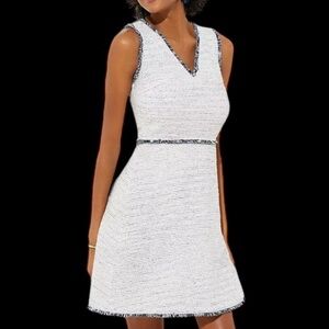 Loft Dress Women’s 10 Gray White Blue Tweed Boucle V-Neck Fringe Sleeveless NWT